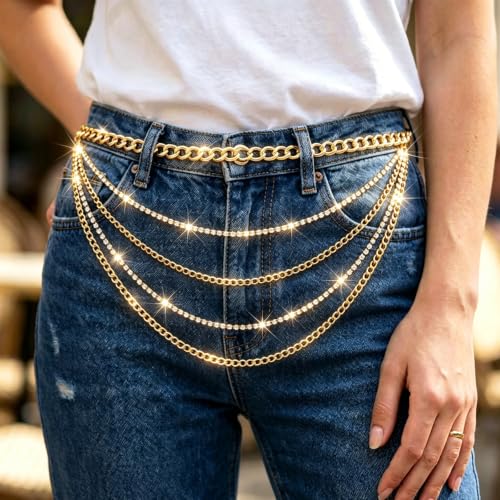 Molain Gold Waist Chain Belt for Women, Multilayer Sparkly Rhinestones Body Belly Waist Chain Belts Elegant Jewelry Accessories Body Decorate for Dresses Jeans Skirts Trouser