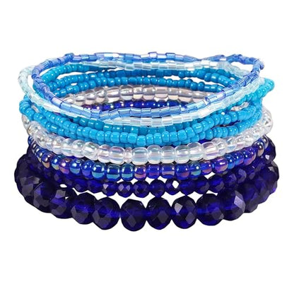 Bohemian Colorful Crystal Glass Beads Seed Beaded Bracelet Handmade Adjustable Stackable Elastic Strand Bangle for Women Summer Beach Hawaii Boho Wristbands Jewelry - color: dark blue