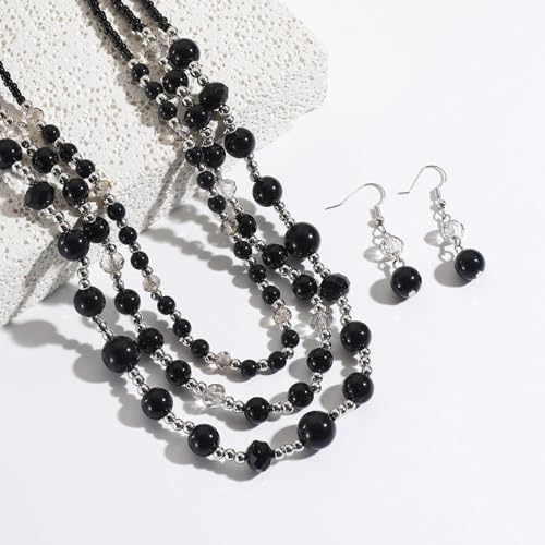Coiris Layered Pearl Necklace and Earring Set for Women Boho Beaded Statement Choker with Faux Pearls Chunky Costume Jewelry for Wedding Party Beach Vacation Gift - color: Black