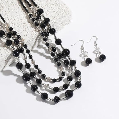 Coiris Layered Pearl Necklace and Earring Set for Women Boho Beaded Statement Choker with Faux Pearls Chunky Costume Jewelry for Wedding Party Beach Vacation Gift - color: Black