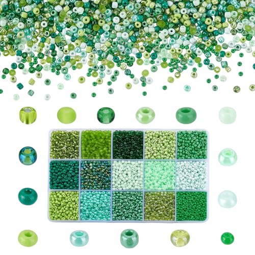 PH PandaHall 4500pcs 15 Green Colors 3mm Seed Beads 8/0 Mini Waist Beads Glass Spacer Bead Craft Crystal Bead for Friendship Bracelet Eyeglass Chain Jewelry Making DIY Crafts