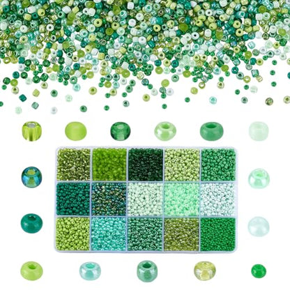 PH PandaHall 4500pcs 15 Green Colors 3mm Seed Beads 8/0 Mini Waist Beads Glass Spacer Bead Craft Crystal Bead for Friendship Bracelet Eyeglass Chain Jewelry Making DIY Crafts