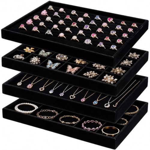 4 Pack Jewelry Tray, Stackable Velvet Jewelry Organizer Tray Jewelry-Tray Stackable Jewelry-Trays 3.8"x9.5"x1.2" Divided Ring Organizer-Tray for Necklace Earring Ring Watch Bracelet,Black