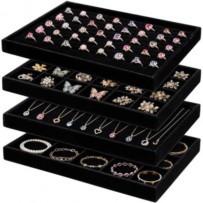 4 Pack Jewelry Tray, Stackable Velvet Jewelry Organizer Tray Jewelry-Tray Stackable Jewelry-Trays 3.8"x9.5"x1.2" Divided Ring Organizer-Tray for Necklace Earring Ring Watch Bracelet,Black