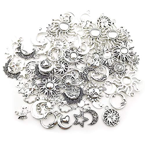 100g(80pcs) Craft Supplies Mixed Antique Silver Sun Moon Stars Charms Pendants for Crafting, Jewelry Findings Making Accessory for DIY Necklace Bracelet (M250) - color: M250