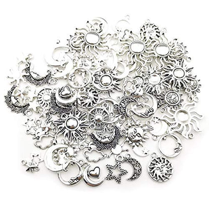 100g(80pcs) Craft Supplies Mixed Antique Silver Sun Moon Stars Charms Pendants for Crafting, Jewelry Findings Making Accessory for DIY Necklace Bracelet (M250) - color: M250