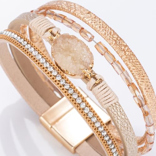 Boho Chunky Leather Wrap Bracelets Stackable Beaded Western Country Jewelry | Crystal Bead Trendy Layered Cuff Magnetic Clasp Stack Bohemian Statement Costume Outfits Cowgirl Fashion Hippie Accessories - color: Cream, size: 7.7"