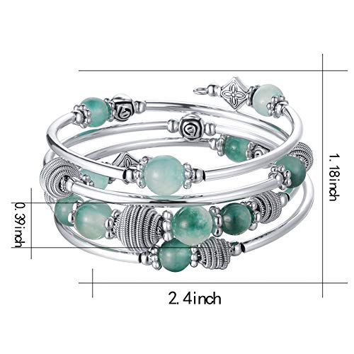 PEARL&CLUB Beaded Chakra Bangle Turquoise Bracelet - Fashion Jewelry Wrap Bracelet with Thick Silver Metal and Mala Beads, Birthday Gifts For Women - color: Jade Green