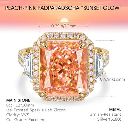 Moissa 8ct Sunset Glow Radiant Cut Halo Cocktail Ring for Women | 14K Gold Plated Tarnish-Resistant Silver Ring, 12x10mm Lab Zircon, Bold Statement Ring for Party, Engagement & Anniversary - color: Padparadscha