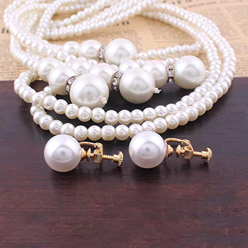 Handmade Faux Pearl Necklace and Clip on Earrings Jewelry Sets for Women Bib Choker Collar Necklace - color: Double Necklace+Screw Clip Earrings