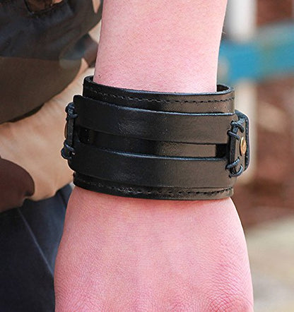 Leather Bracelet for Men Braided Stainless Steel Mens Bracelets - color: Black 2