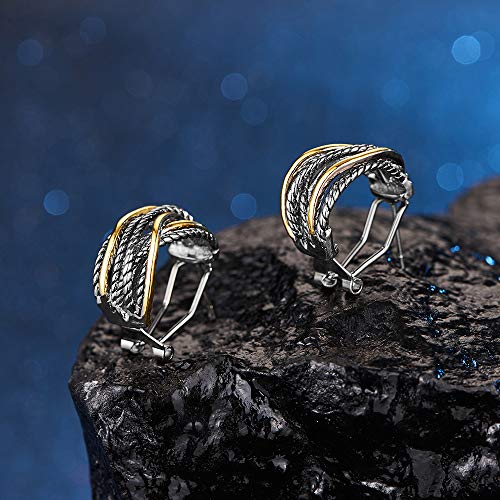 Mytys Two Tone Huggie Hoop Earrings Cross Over Design Twisted Rope Silver Gold Statement Wide Band Clip On Hoops for Women Fashion Jewelry Gift - color: Gold & Silver