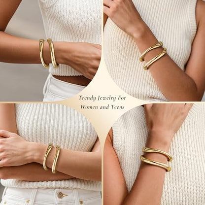 Gold Bangle Bracelets for Women Cuff Stackable Waterproof Non Tarnish Bracelet Stack Silver Plated 14k Chunky Bangles Jewelry Set for Woman - style: Style 14