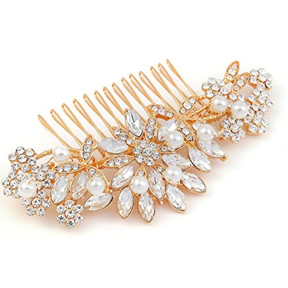 Hapibuy Crystal Wedding Hair Comb Bridal Hair Comb with Pearl Wedding Headpiece for party wear Golden Hair Accessory - color: Gold