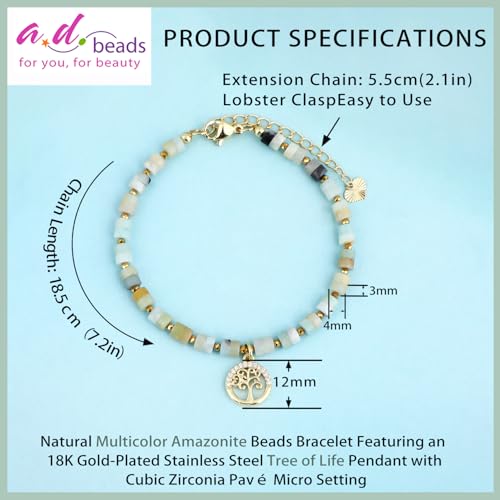 Natural Gemstone Healing Crystal Dainty Charms Bracelet Adjustable Chain Extender Minimalist Jewelry - color: Multicolor Amazonite + Tree of Life