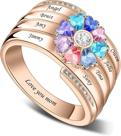 Custom Multi-Stone Family Ring 925 Sterling Silver/10K/14K/18K Gold Colored Personalized (2-8 stones) Birthstone Engraved Ring for Women Mom Wife Jewelry Gifts - style: Eight Stone