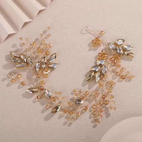 Teyglen Champagne Crystal Rhinestone Beads Headband Flower Bridal Wedding Hair Vine for Bride Headpiece Party Prom Bridal Hair Accessories for Women (Champagne) - color: Champagne
