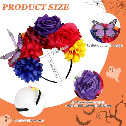 Flower Crown Day of the Dead Headpiece Mexican Flower Butterfly Halloween Headbands Flower Crown for Halloween Party - color: Multicolor-1