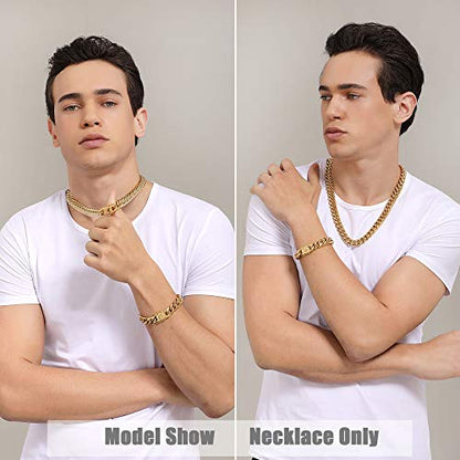 Mens 18k Gold Plated Stainless Steel Hip Hop Cuban Curb Link Chain Necklace