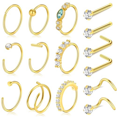 27-60 Pcs Nose Rings for Women Nose Piercing Jewelry Silver Nose Rings Studs 20G Surgical Nose Rings Hoops Nose Rings L Shaped Studs Screw Stainless Steel Nose Piercings for Women Men - color: gold-20G-15 pcs