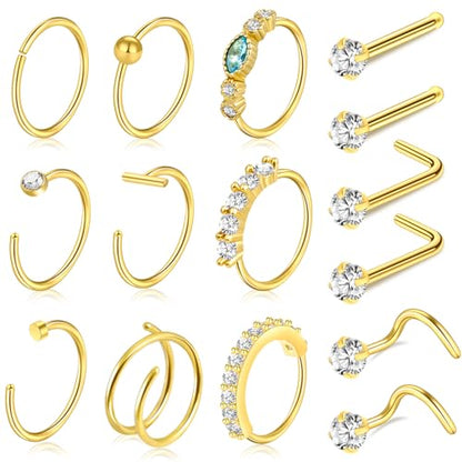 27-60 Pcs Nose Rings for Women Nose Piercing Jewelry Silver Nose Rings Studs 20G Surgical Nose Rings Hoops Nose Rings L Shaped Studs Screw Stainless Steel Nose Piercings for Women Men - color: gold-20G-15 pcs