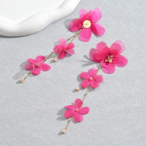 Flower Earrings for Women Long Fabric Flower Tassel Earrings Bohemian Handmade Floral Statement Earring Wedding Prom Jewelry Gifts - color: A2：hot pink
