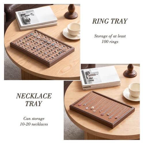 Wood Jewelry Organizer Tray, 5-Piece Set (Brown, 5Pc) | 5 Piece Jewelry Organizer Set, Large Capacity Storage, Glass Top Ring Necklace Display, Versatile Tray - size: Rings+Necklace+12Grids+24Grids+Lid