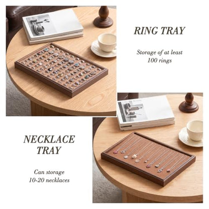 Wood Jewelry Organizer Tray, 5-Piece Set (Brown, 5Pc) | 5 Piece Jewelry Organizer Set, Large Capacity Storage, Glass Top Ring Necklace Display, Versatile Tray - size: Rings+Necklace+12Grids+24Grids+Lid