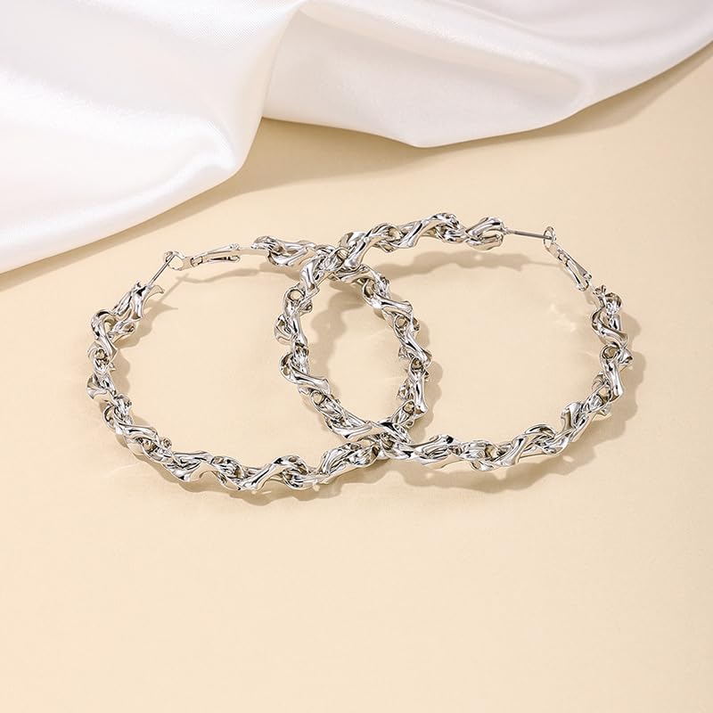 Twisted Rope Hoop Earrings for Women Chunky Big Large Hoop Earrings Minimalist Round Circle Huggie Hoops Earrings Gift - color: silver