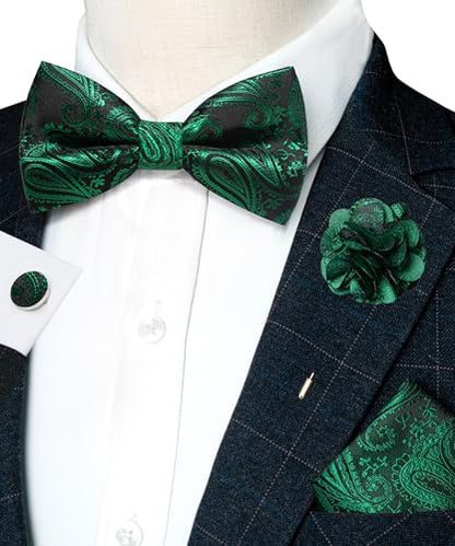 JEMYGINS Mens Paisley Bow Tie and Lapel Pin Necktie Pocket Square and Tie Clip with Sets for Business Casual 4PCS - color: Green
