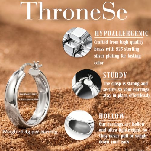 8mm Wide Gold Hoop Earrings for Women Hypoallergenic 925 Sterling Silver post Lightweight Large 14k Chunky Gold Hoop Earrings for Women 20/30/40/50/60mm - color: silver 30mm