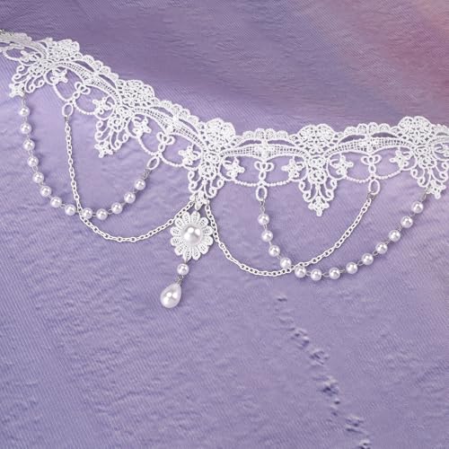MILAKOO Lace Tattoo Choker for Women Elegant Goth & Elegant Necklace Collarbone Pearl Pendant Collar - color: White C