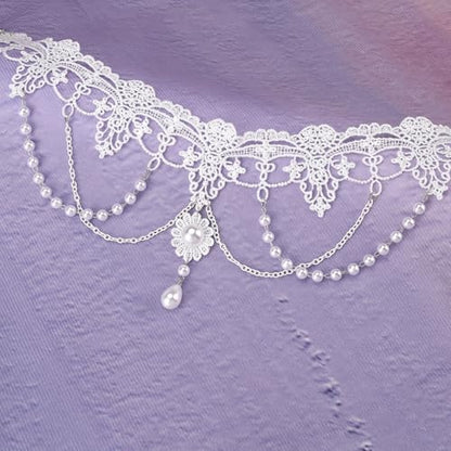 MILAKOO Lace Tattoo Choker for Women Elegant Goth & Elegant Necklace Collarbone Pearl Pendant Collar - color: White C
