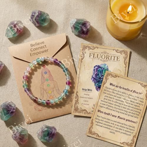 Bivei Crystal Stretch 6mm Bracelets for Women | Handmade Natural Stone Beaded Stretch Bracelet, Stainless Steel Heart Bead, Tranquility Yoga Gift Jewelry for Women - color: Fluorite - Cleansing