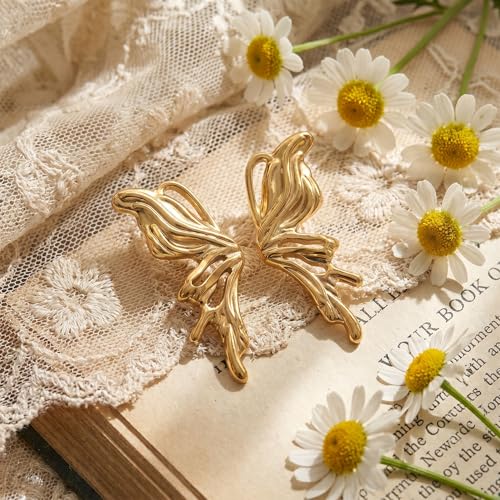 Chunky Gold Plated Flower Statement Drop Earrings for Women | Hypoallergenic 18K Gold Plated Textured Petal Wing, Large Statement Dangle Earrings for Wedding Party - color: Golden Butterfly-1