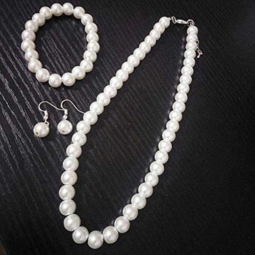 tenghong2021 Fashion Classic Faux Pearl Jewelry Set Necklace Bracelet Earrings for Women Best Gift - color: White