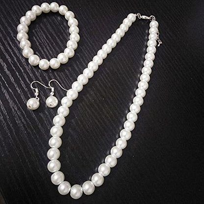 tenghong2021 Fashion Classic Faux Pearl Jewelry Set Necklace Bracelet Earrings for Women Best Gift - color: White