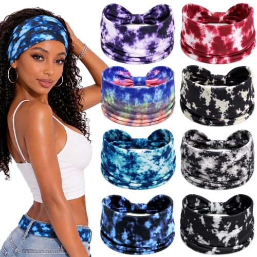 Awumbuk Wide Headbands for Women Knotted Non Slip, 8 Pack Soft Head Bands to Hide Hairline, Fashion Boho Style Bandana, Moisture Wicking Hair Bands for Workout Sports Yoga Makeup - color: Tie-dye purple