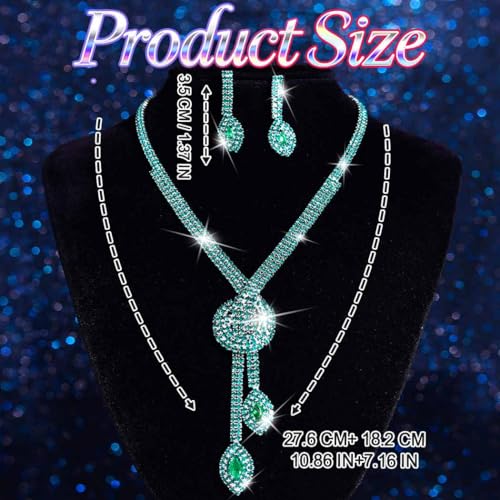 Unicra Silver Rhinestone Bridal Wedding Jewelry Set Crystal Necklace Earrings Sets Formal Prom Costume Jewelry Sets for Women and Brides - color: Green