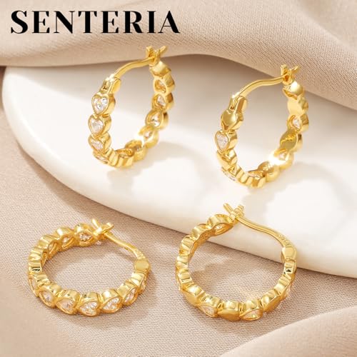 Senteria 925 Sterling Silver Post Hoop Earrings Hypoallergenic Small Heart Hoop Earrings with AAA+Cubic Zirconia Twisted Huggie Hoops Earring for Women 15MM/20MM - color: gold-heart-20mm