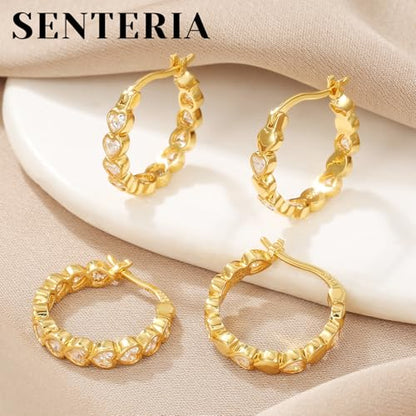 Senteria 925 Sterling Silver Post Hoop Earrings Hypoallergenic Small Heart Hoop Earrings with AAA+Cubic Zirconia Twisted Huggie Hoops Earring for Women 15MM/20MM - color: gold-heart-20mm