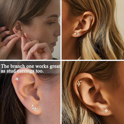 Stud Earring for Women, 14K Gold Silver Plated Hypoallergenic Studs Set | Trendy Cartilage Tragus Helix Clover Flower Earring Stack for Multiple Piercing, Dainty Cute Small Jewelry Gift, Non Tarnish - style: SL-Flower/Branch-4 Pairs