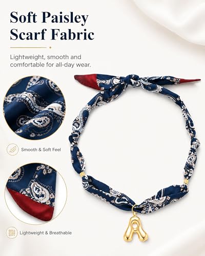 Initial Silk Scarf Necklace for Woman Paisley Bubble Letter Scarf Choker | Statement Blue Bandana Necklace, Handmade Western Jewelry for Country Cowgirl Mom,Mothers Day Gift - color: blue