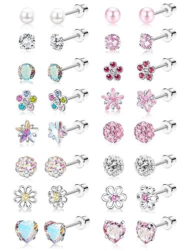 THUNARAZ 16 Pairs Hypoallergenic Earrings for Girls Kids Stud Earrings Set | Surgical Stainless Steel, Sensitive Ears Friendly, 20G Heart Flower Ball Stud Earrings Set for Girls and Kids - style: Screw Back