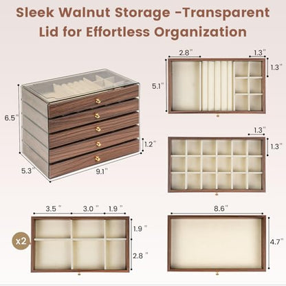 Wooden Jewelry Box for Women, 5-Layer Jewelry Organizers and Storage with 5 Drawers & Velvet Trays, Large Earring Holder, Necklace Ring Travel Case, Gift Box for Drawer, Wood - size: 5-Layer