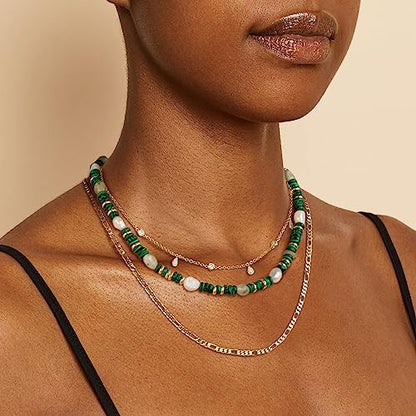 KissYan Beaded Gemstone Necklaces for Women | Colorful Bead Natural Stone Choker with 14K Gold Plated Spring Ring Clasp, Handmade Knot Jewelry for Summer Beach - color: N-Malachite