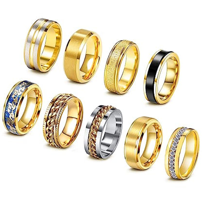 EIELO 9Pcs Stainless Steel Band Rings for Men Women Cool Fidget Spinning Chain Ring Anxiety Relief Fashion Simple Wedding Engagement Black Ring Set - color: Golden