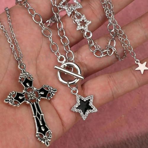 Gothic Necklaces for Women Cross Heart Pendant Layered Necklace Statement Jewelry Dark Romantic Gift for Halloween Parties - color: C1:y2k necklace
