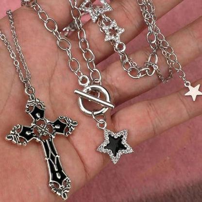 Gothic Necklaces for Women Cross Heart Pendant Layered Necklace Statement Jewelry Dark Romantic Gift for Halloween Parties - color: C1:y2k necklace