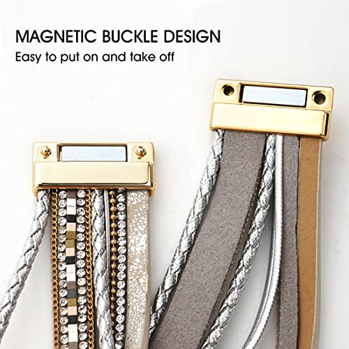 Suyi Multilayer Leather Wrap Bracelet Heart-Shape Wide Bracelets for Women - color: Silver